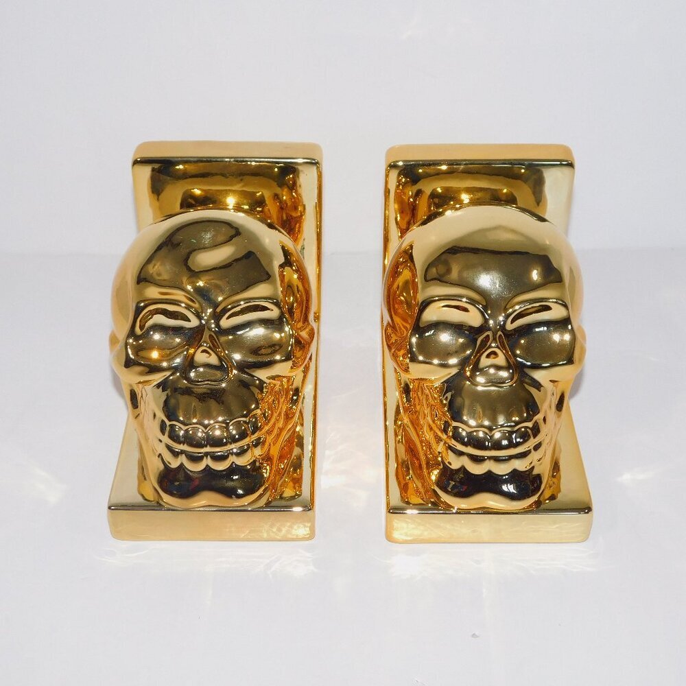 Set / Pair  of 2 Gold Tone Skull Book Ends ** READ